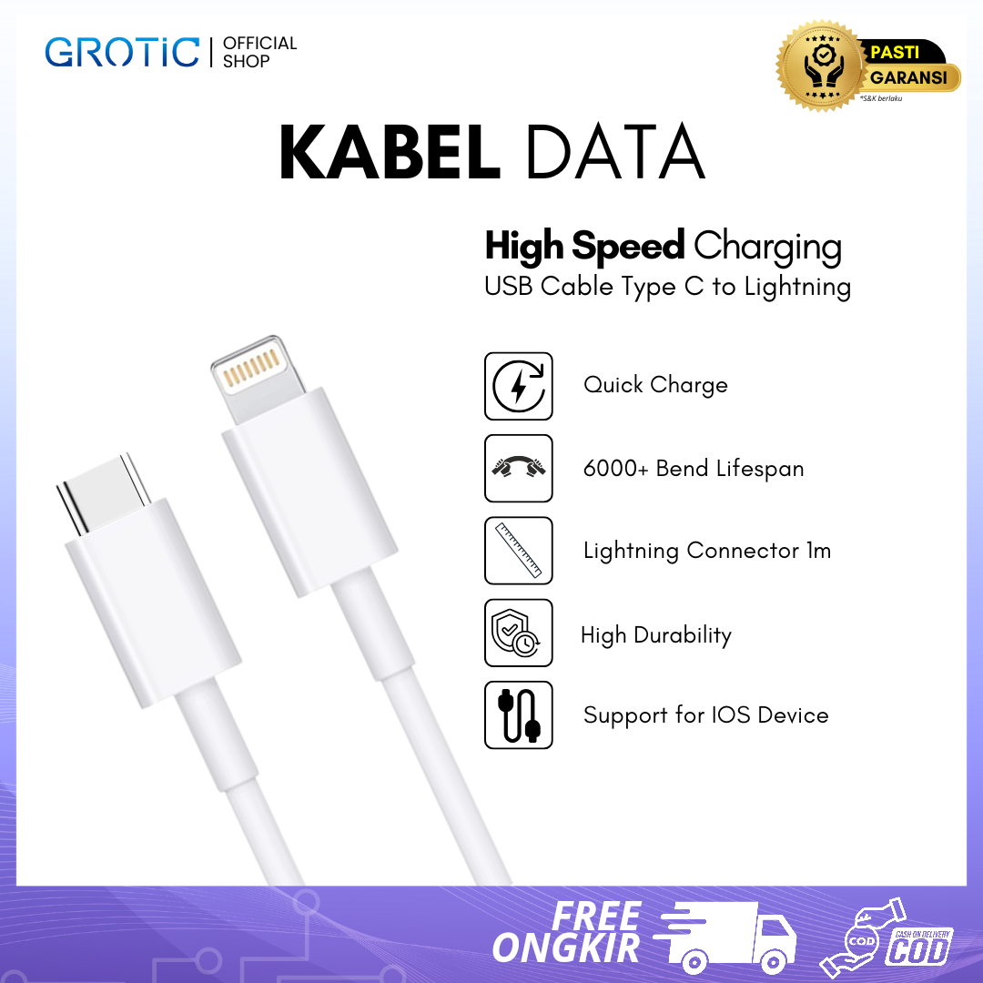 GROTIC Kabel Data Type-C to Lightning Fast Charging 1M TPE Kabel untuk iPhone iPad iPod 20W