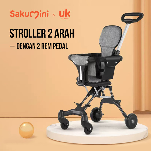 Sakumini Foldable Cabin Stroller Kereta Dorong Lipat Anak Bayi Travelling Kabin Hitam Roda Dorongan Kursi Black