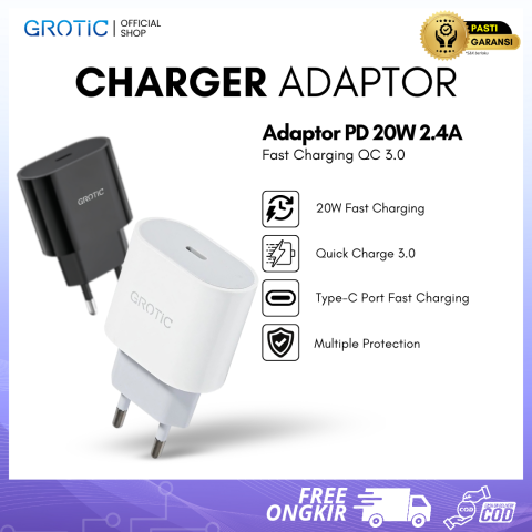 GROTIC Charger Adaptor PD 20W 2.4A Kepala Charger Fast Charging QC3.0 Type-C Lightning