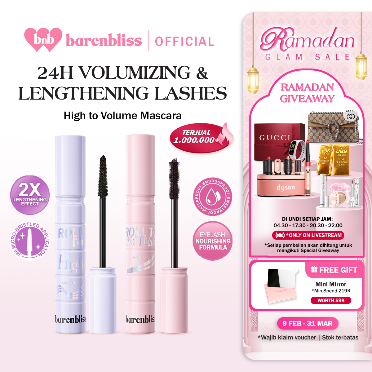 【BEST SELLING】BNB Barenbliss Roll To Volume & Roll To High Mascara 8g | Maskara Tahan 24 Jam Volumizing Lengthening Waterproof Smudgeproof Sweatproof Tanpa Gumpal Bulu Mata Panjang Tebal & Lentik Deng