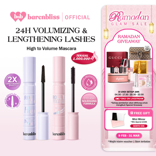 【BEST SELLING】BNB Barenbliss Roll To Volume & Roll To High Mascara 8g | Maskara Tahan 24 Jam Volumizing Lengthening Waterproof Smudgeproof Sweatproof Tanpa Gumpal Bulu Mata Panjang Tebal & Lentik Dengan 4X Peptide Vitamin E Jojoba Oil bnb official store