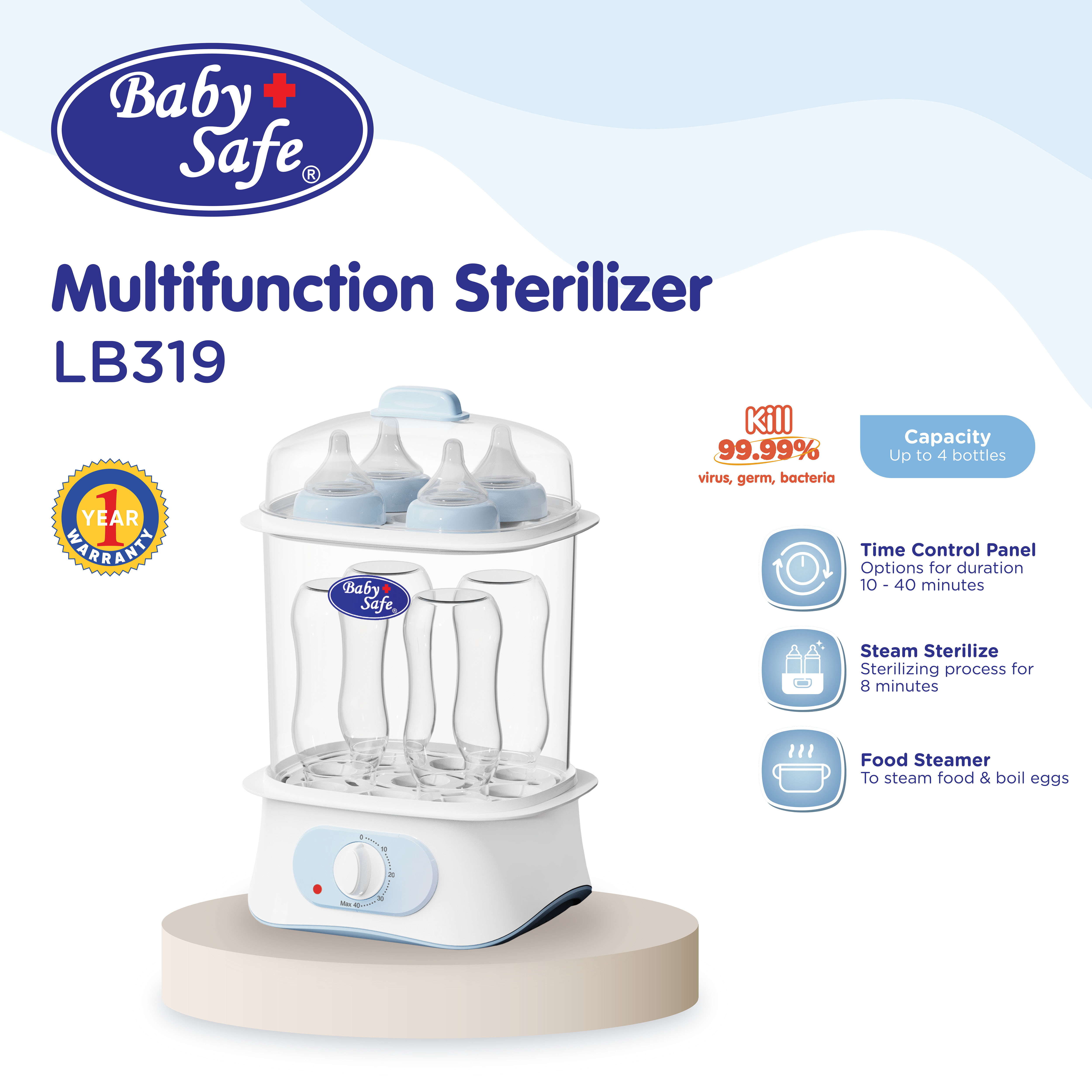 BabySafe - LB319 Alat Steril Uap & Penghangat Makanan| Alat Steril Botol dan Mengkukus Makanan