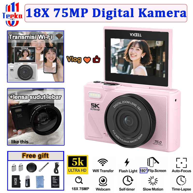 TEEKA W1 80/75MP Digital Camera Wifi Video 4K 18X Digital Zoom Dengan Dukungan Selfie Koneksi WIFI untuk Hadiah Pemula Kamera Foto 【Dengan Kartu 64GB】