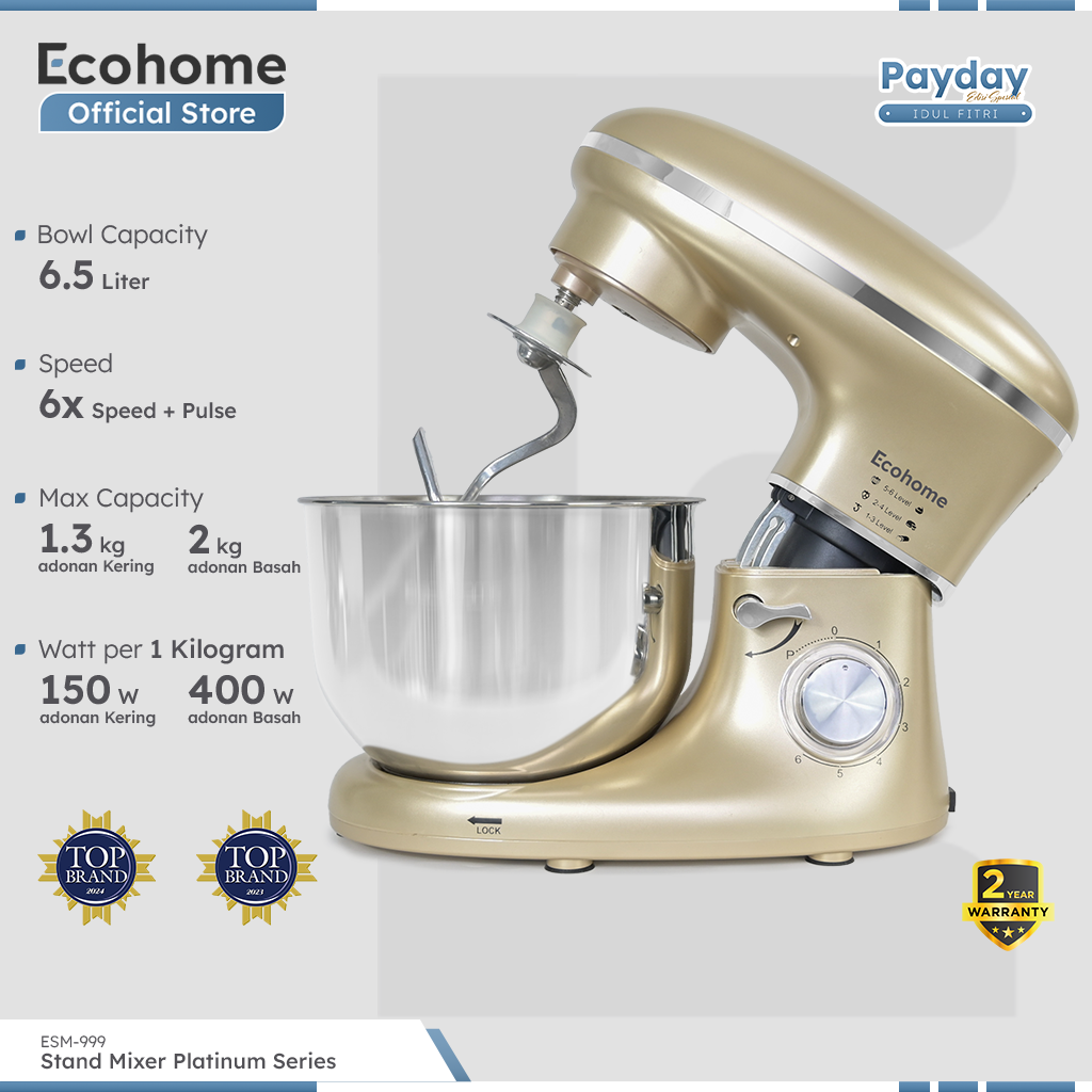 Ecohome Stand Mixer Platinum - ESM999 Stainless Bowl | Heavy Duty | Overheat Removal | Pouring Shield