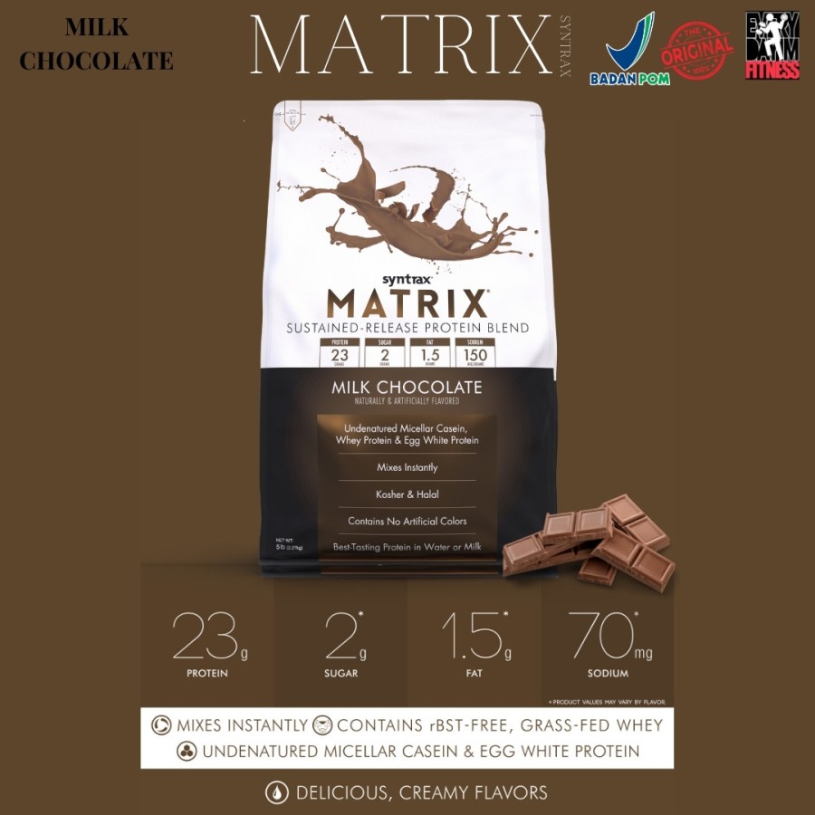 SYNTRAX MATRIX 5 LB LBS WHEY & CASEIN PROTEIN SUSTAINED RELEASE SUSU FITNESS PRIA WANITA CHOCOLATE