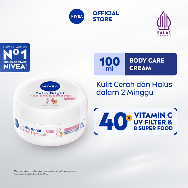 NIVEA Body Cream Extra Bright Radiant & Smooth UV Filter 100ml - Hand body krim lotion moisturizer mencerahkan kulit kusam halus lembut badan glowing brightening tone up serum melembabkan kulit kering - 40x Vitamin C UVA UVB Filter 8 Super food