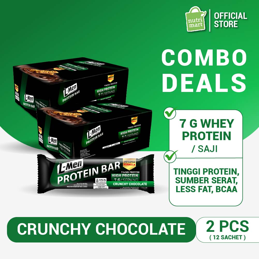 Twin Pack : L-Men Protein Bar Crunchy Chocolate 12 sachet with 7g protein / serving -  Camilan Rendah Lemak dengan Whey Protein rasa Coklat
