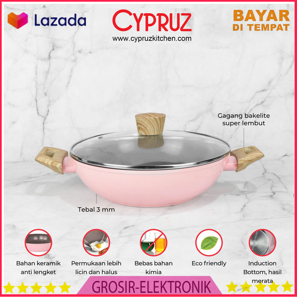 Cypruz Pink Ceramic Wok Pan / Kuali Anti Lengket + Tutup