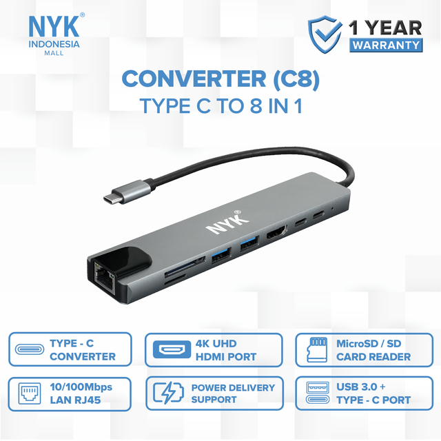 NYK USB Hub Converter Type C 3.0 8 in 1 Macbook Laptop PC Smartphone
