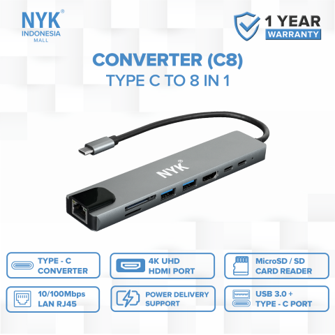 NYK USB Hub Converter Type C 3.0  8 in 1 Macbook Laptop PC Smartphone