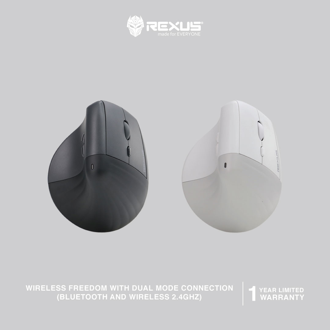 Rexus Mouse Wireless Office Clif II QV270: Vertikal Ergonomis, Nirkabel Multifungsi, 6 Button, Baterai 300mAh, Cocok untuk Computer & Tablet