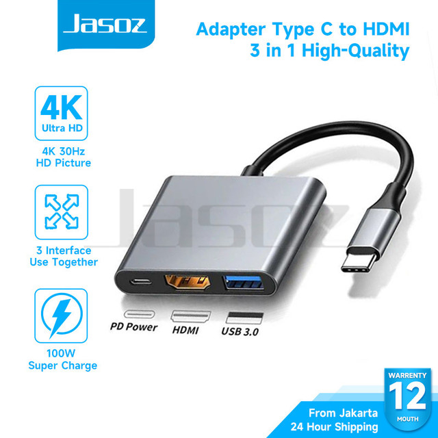 Jasoz Kabel converter 3 in 1 USB C Type-C to HDMI hub adapter travel 4K VGA USB 3.0