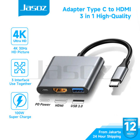 Jasoz Kabel converter 3 in 1 USB C Type-C to HDMI hub adapter travel 4K VGA USB 3.0