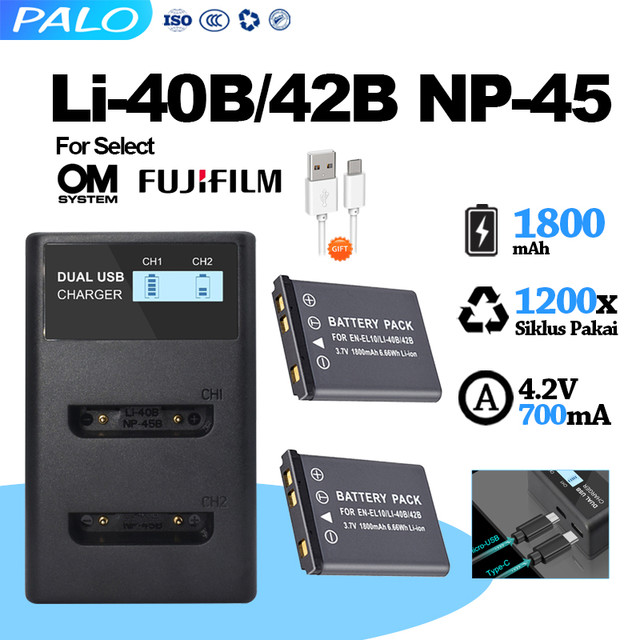 PALO LI-40B Li-42B FUJIFILM NP-45 NP-45A KODAK KLIC-7006 NIKON EN-EL10 OLYMPUS LI-40B LI-42B SANYO Baterai + Pengisi Daya