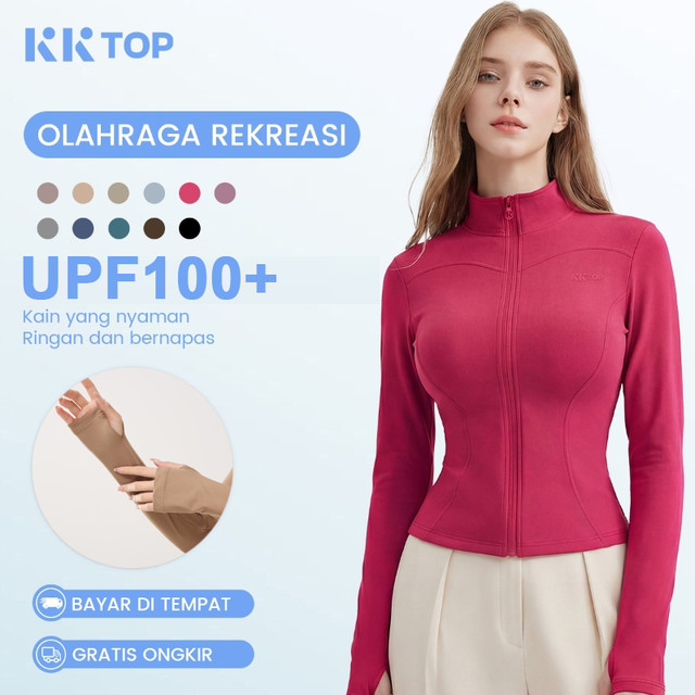 【 PROMO 99K！】KKTOP Jaket Olahraga Wanita Anti-UV UPF100+, 210g, Slim Fit, Efek Dingin, Baju Olahraga Wanita Yoga Indonesia Breathable Adem, S–3XL(J008)