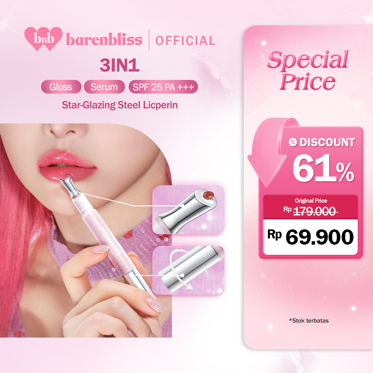 【NEW VARIANT】BNB Barenbliss Star-Glazing Steel Lipcerin 1.8g | Lipgloss Korea Hidrasi Hingga 72 jam Glossy Finish Stained Plumpy Lips with 5X Ceramide 2X Peptides SPF 25 PA+++ Vitamin E Tahan Lama Non