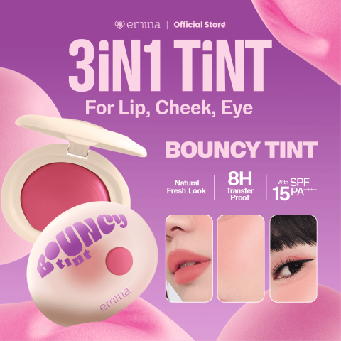 NEW! Emina Bouncy Tint 3 in 1 Lip, Cheek, & Eye - Blurry Lip Color, Lasting Stain, dilengkapi dengan SPF 15 PA+++, Marshmallow Mochi Pudding Longlasting Blush On Lip Tint Eye Shadow