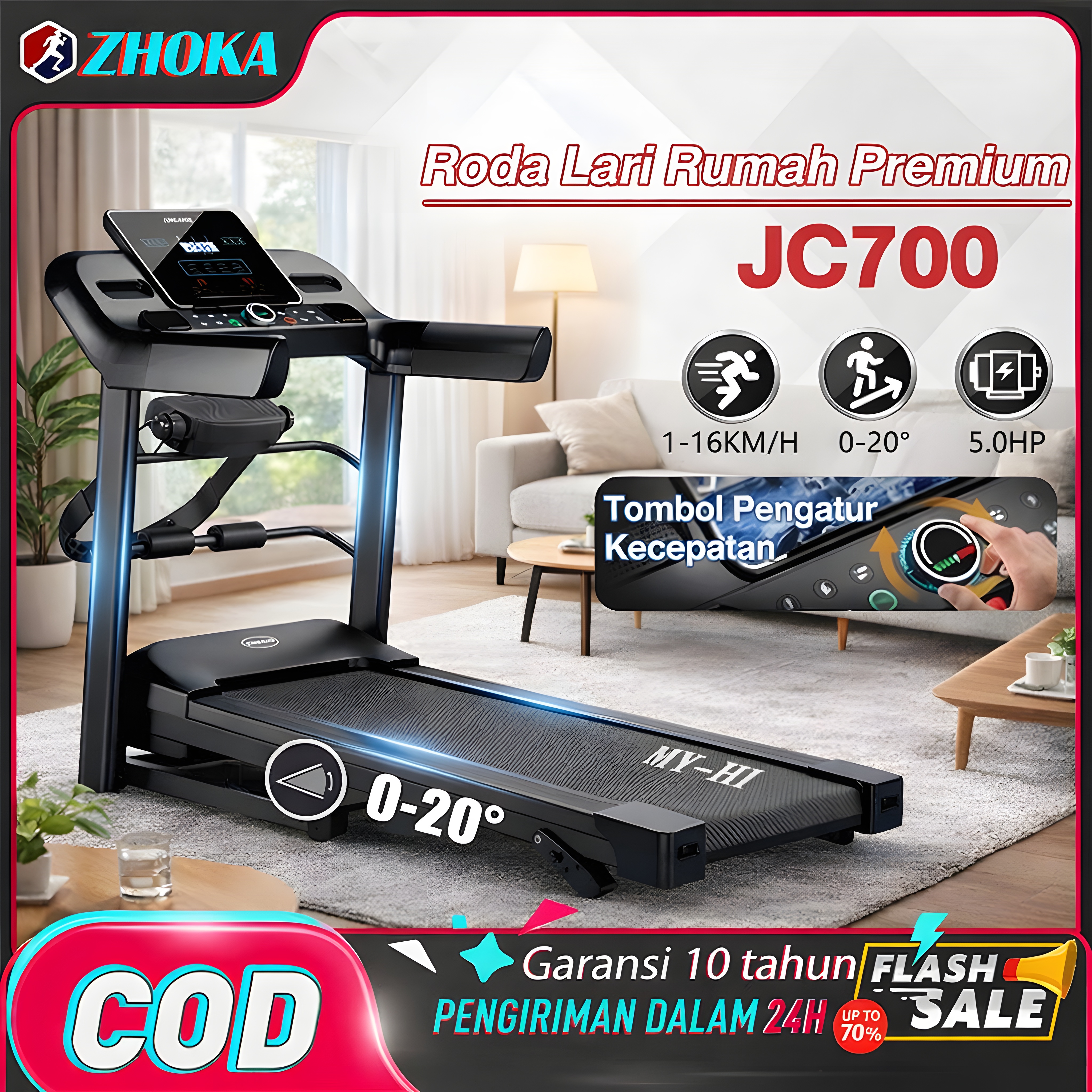 【MY-HI】Treadmill Elektrik JC-700 4HP 1–16 km/h Treadmill Portable Treadmill Electric Low Watt Treadmill Elektrik JC700 Bluetooth Musik Treadmill Pintar Professional Treadmill Lipat Treadmill Elektrik 