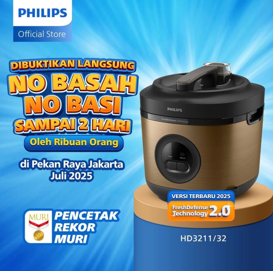 Philips Rice Cooker 1.8 L - 3000 Premium Series Hd3211/32 - Gold - Bakuhanseki Inner Pot - Non-Stick - Freshdefense Technology - No Rice Clumping - 400 Watt
