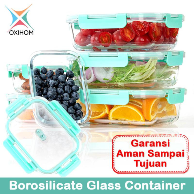 Oxihom Kotak Tempat Makan Kaca Glass Food Container Kedap Udara G8 Karet Wadah