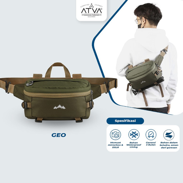 Tas Kamera Sling Bag dan Waistbag Mirrorless hingga DSLR tipe standar Mudah Dipakai Kokoh dan Dilengkapi dengan Bonus Raincover Tas Kamera ATVA Geo Olive Brown