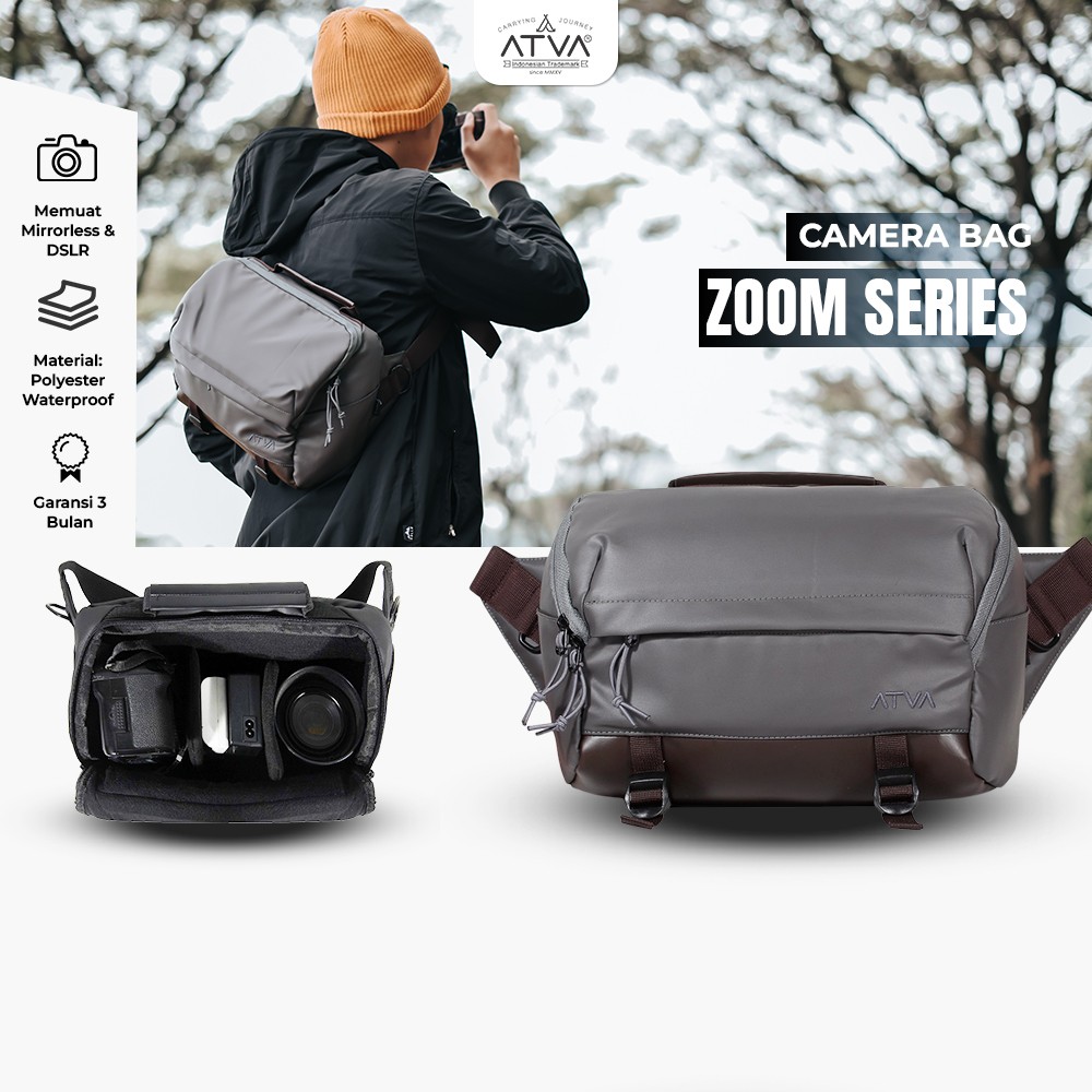 Tas Kamera Sling Bag dan Waistbag muat DSLR dan Mirrorless Waterproof dilengkapi dengan bonus Raincover Zoom Series Grey