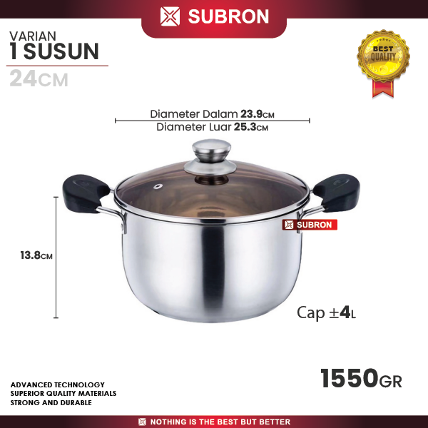 SUBRON Panci Sup 24cm Stainless TEBAL Soup Pot tutup Kaca