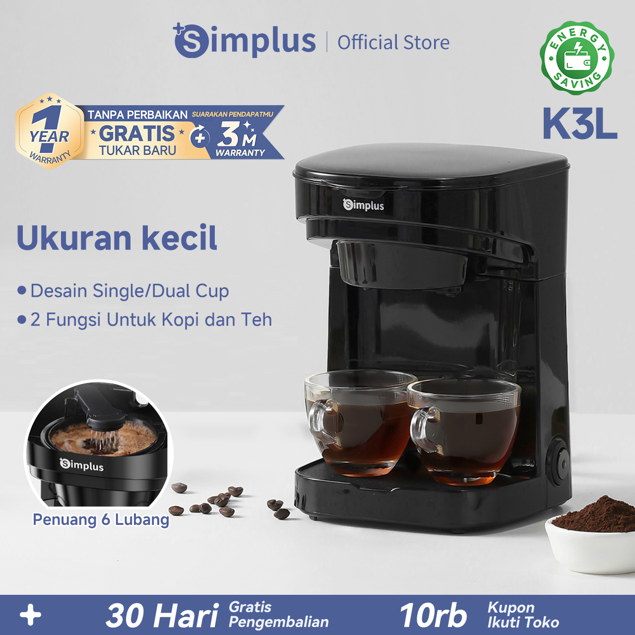 Simplus Mesin Kopi Rumahan Mesin Kopi Filter Satu Tombol Dual Cups Bahan Kokoh Multifungsi untuk Seduh Kopi dan Teh