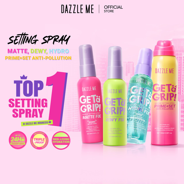 [POPBELA Best Setting Spray 2024 Winner] BPOM DAZZLE ME Get a Grip! Makeup Setting Spray Dewy Fix Beauty Protecting 4 X Hydrating Makeup Mist Flawless Lightening Primer Water Tahan 24 JAM
