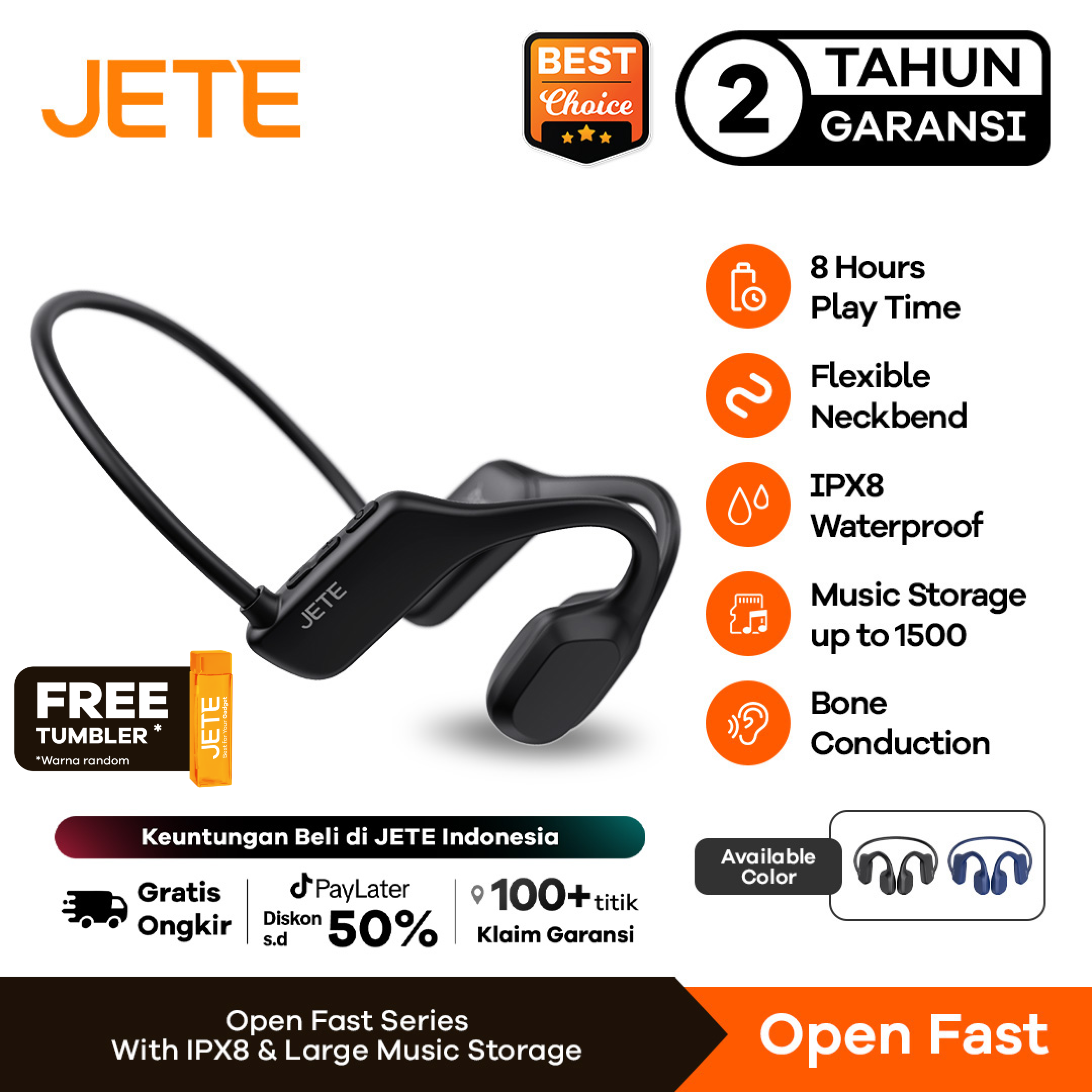 Headset Bluetooth JETE Open Fast Running Open Ear Bone Conduction IPX8 Wireless Earphone Sport Earbuds Olahraga Lari