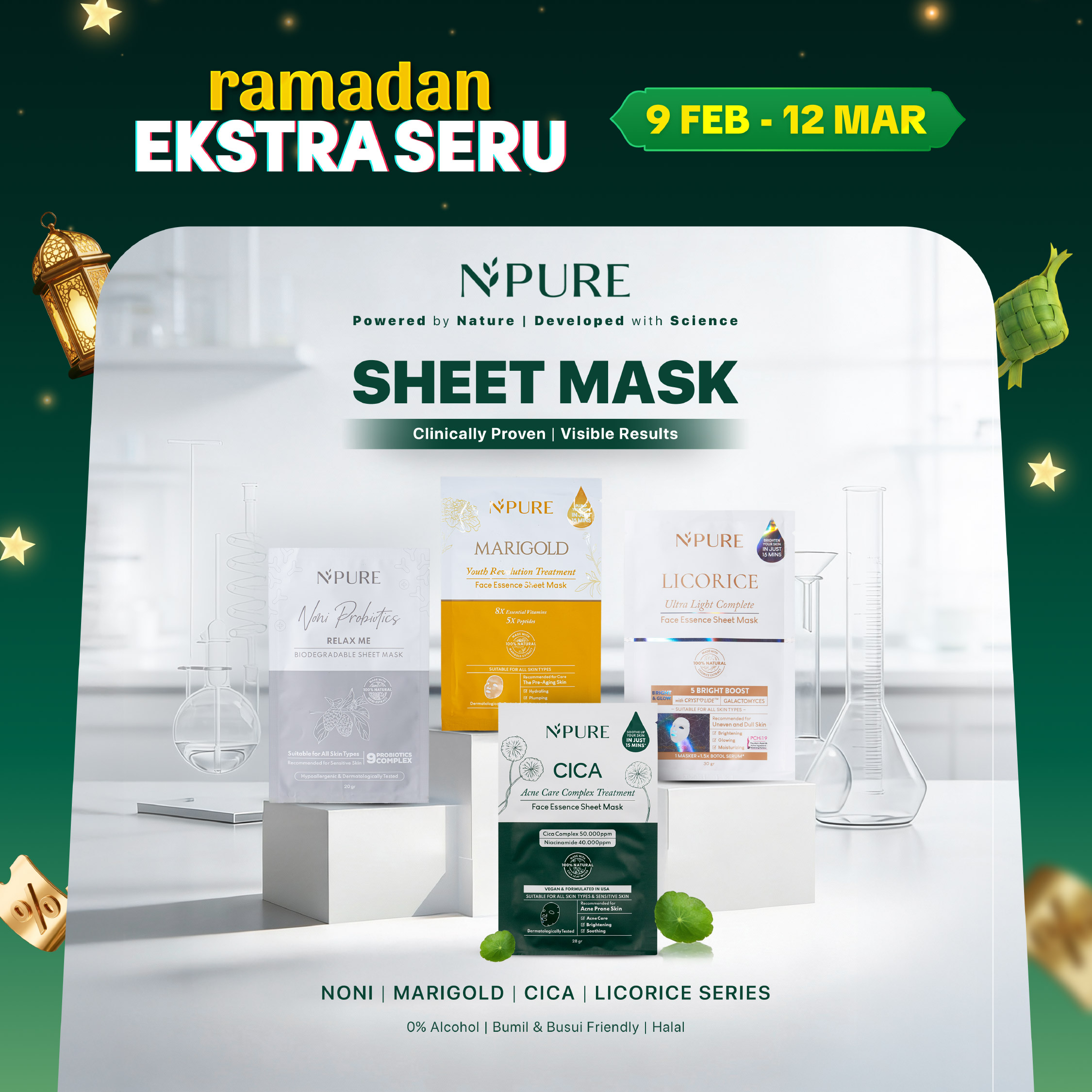 NPURE Sheet Mask Cica Acne Care /Noni Sensitive Skin /Marigold Anti-Aging /Licorice Brightening /  Masker Niacinamide / Masker Wajah satuan Berjerawat Hitam Kerutan/ Mencerahkan wajah Kusam/skincare b