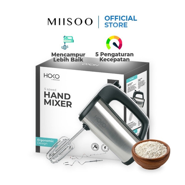 HOKO By MIISOO Hand mixer Mini Mixer Pengaduk 5 Speed Kecepatan Otomatis Pengocok Pengaduk Adonan Kue Mixer Stainless Mesin Pengaduk