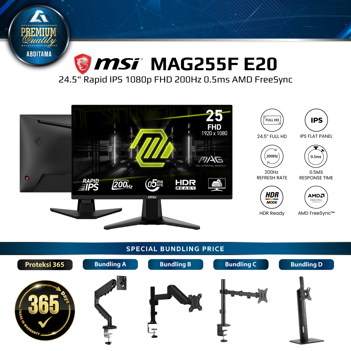 Monitor LED MSI MAG255F E20 MAG 255F E20 24.5" Rapid IPS 1080p FHD 200Hz 0.5ms HDMI 2.0bx2 DP 1.2ax1 Headphone-Out AMD FreeSync Premium Vesa 100x100mm The monitor is HDR ready, enhancing eye-catching 