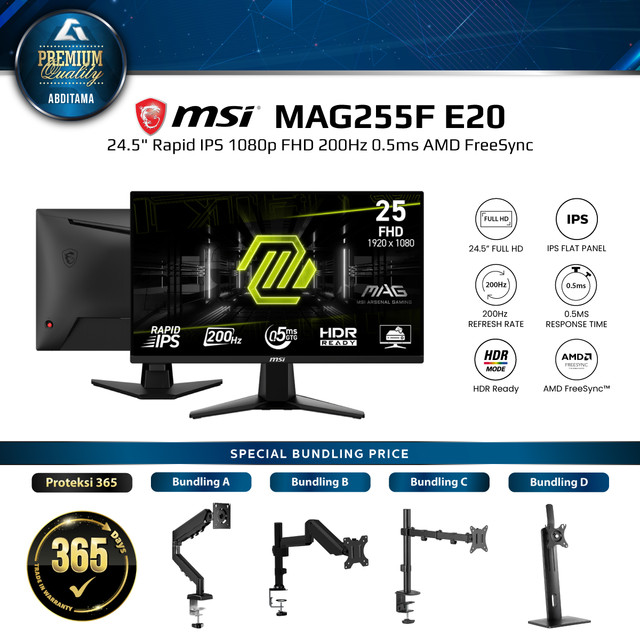 Monitor LED MSI MAG255F E20 MAG 255F E20 24.5" Rapid IPS 1080p FHD 200Hz 0.5ms HDMI 2.0bx2 DP 1.2ax1 Headphone-Out AMD FreeSync Premium Vesa 100x100mm The monitor is HDR ready, enhancing eye-catching details through adjustments in contrast shadows