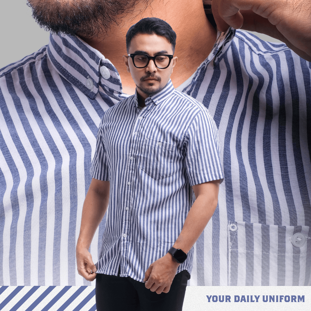 DGM men's striped short sleeve shirt premium navy stripe-white small stripe 2841