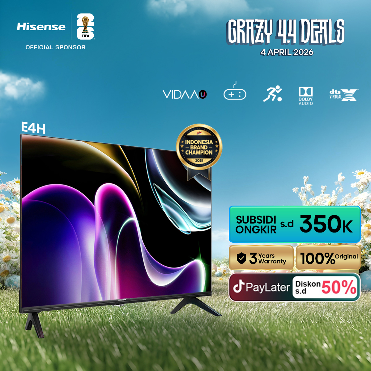 HISENSE Vidaa Smart Digital TV-32E4H/40E4H/43E4H-32/40/43inch-Desain Bazelles-DTS V-X&Dolby Audio -Youtube/Netflix/Prime-Dual Band WIFI/HDMI/USB-Remote Standar-Easy Casting-Noise Reduction-Ram 1GB- RO