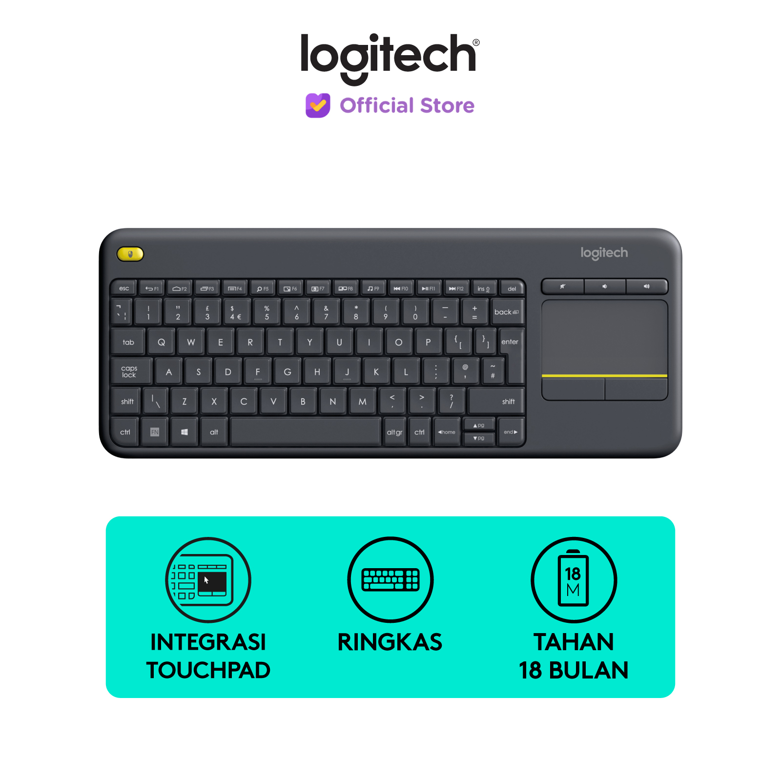 Logitech K400 Plus Keyboard Wireless Touchpad untuk PC,SmartTV - Black