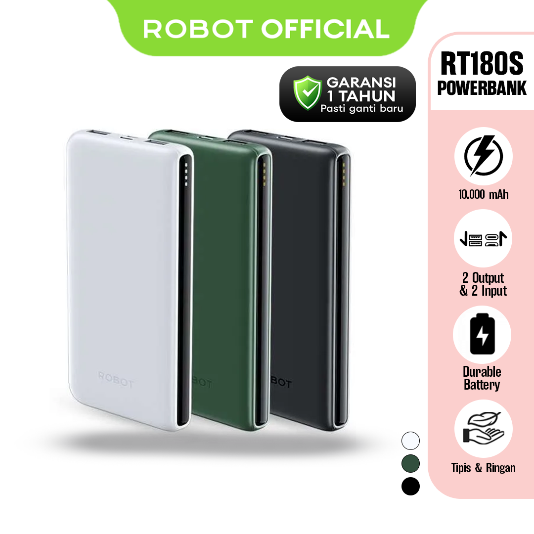 ROBOT Powerbank 10000mAh 3 Output Dual Input Type-C Power bank RT180S 12W Android/iPhone - Garansi 1 Tahun
