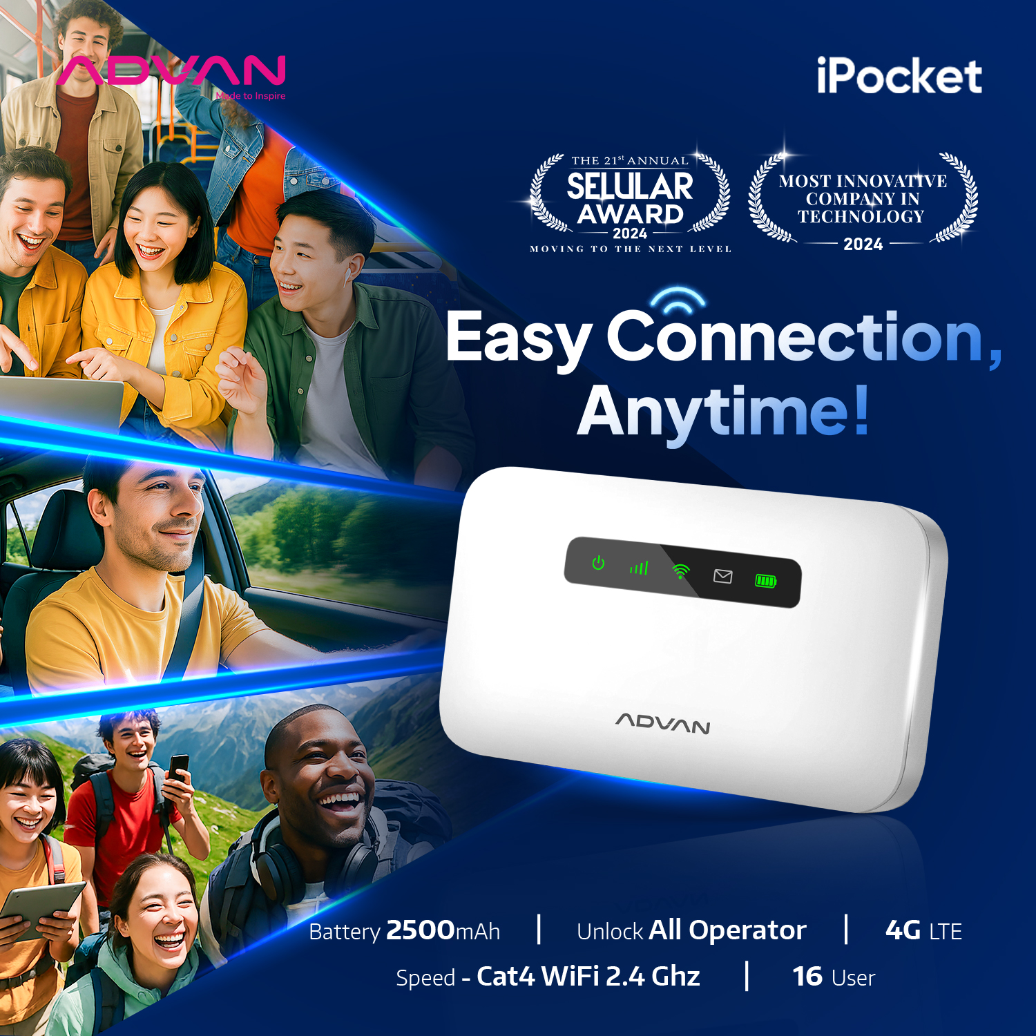 Advan Mifi Mf01 Portable 4g Lte Modem with 2500 Mah Battery - Fast Internet Speed