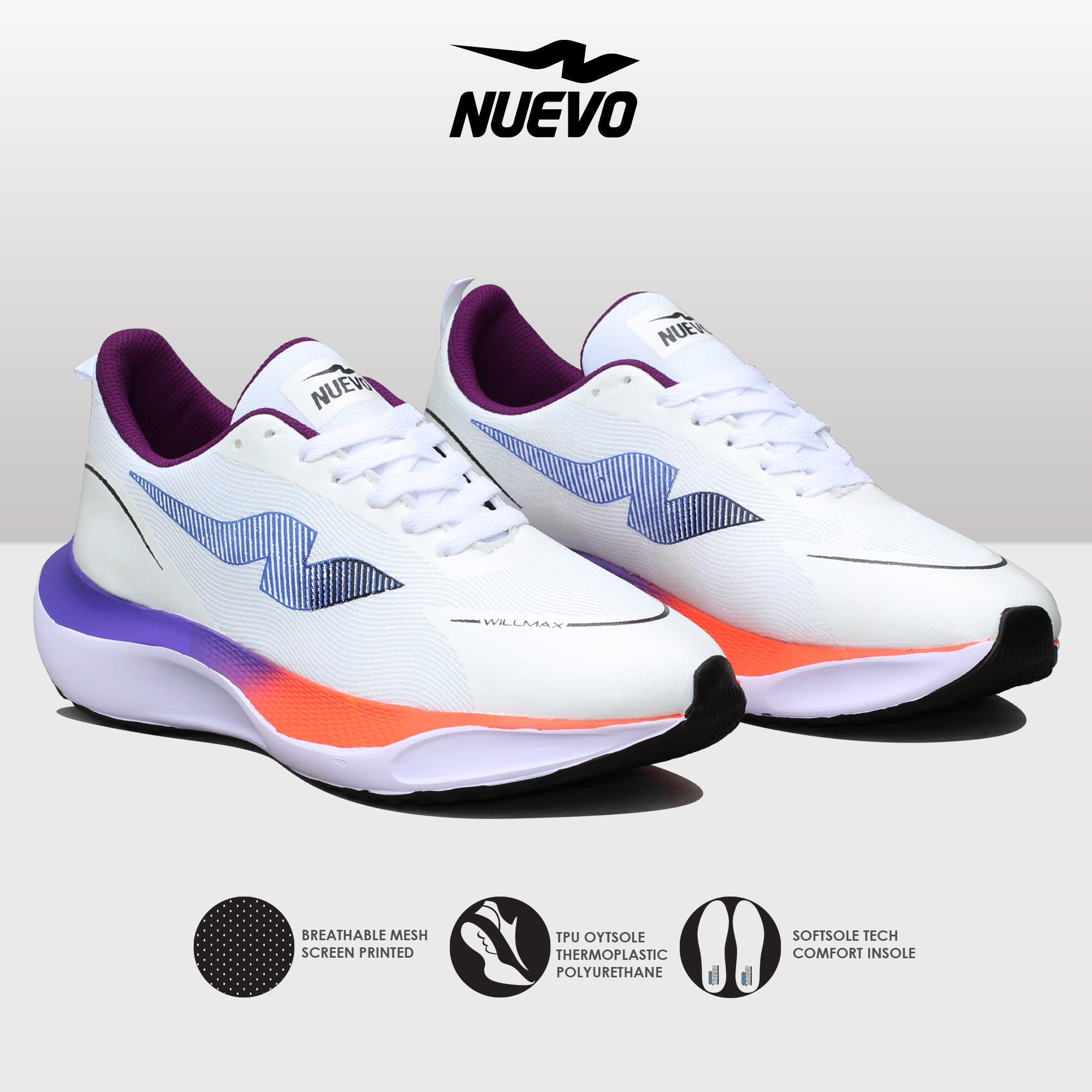 NUEVO Wilmax White Purple Orange Sepatu Running Pria Sepatu Sneakers Olahraga Lari Pria