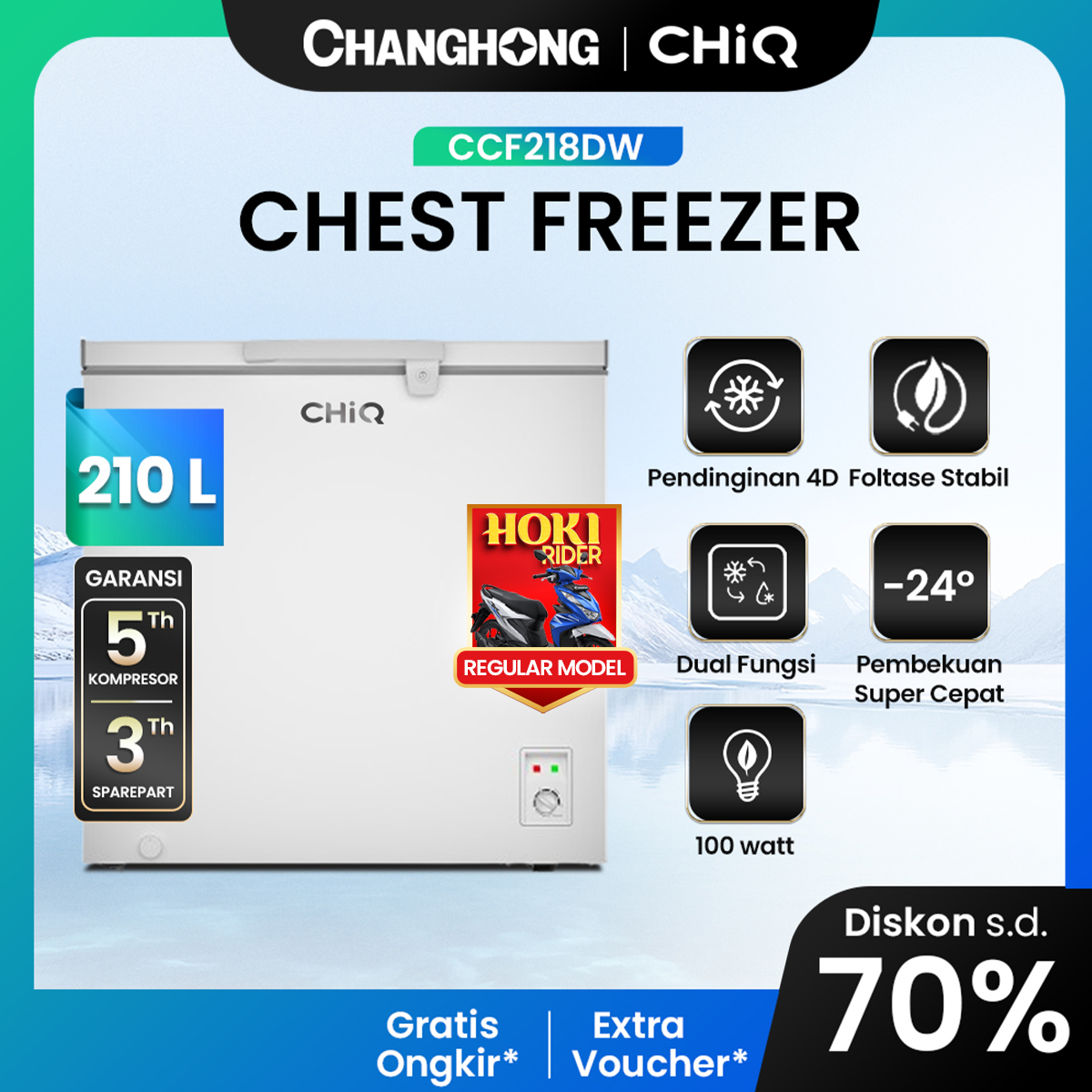 CHiQ CCF 218dw 210L non-electric chest freezer 100 hours from Changhong fcf266dw