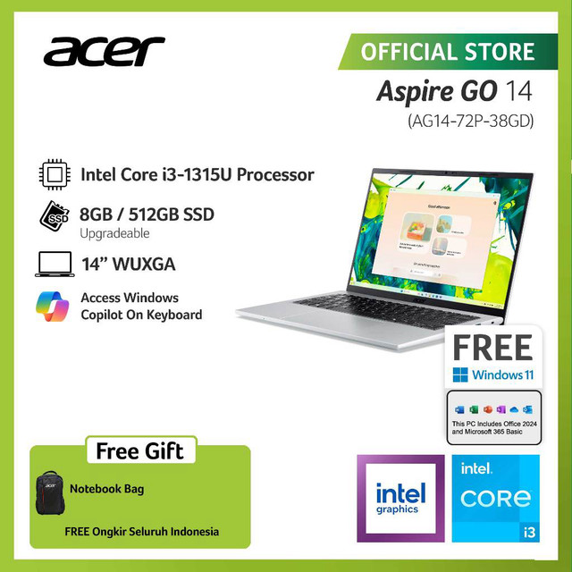 ACER LAPTOP ASPIRE GO 14 AG14-72P-38GD 14" WUXGA INTEL CORE I3-1315U RAM 8GB STORAGE 512GB SSD INTEL UHD GRAPHICS WINDOWS 11