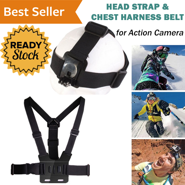 Chest Harness Belt Strap with Head Belt for GoPro & Xiaomi Yi Head Strap Tali Kepala Elastis Kamera Aksi Kamera Aksi Action Camera Olahraga Sport Hiking Bersepeda Video Vlog Konten Youtube Shooting Vi