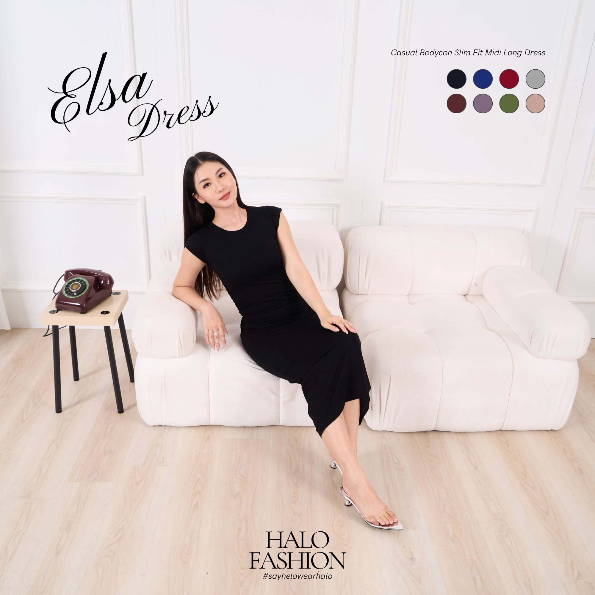 [HaloFashion] Elsa Dress Casual Wanita Bodycon Midi Korean Basic Pesta Long Dress