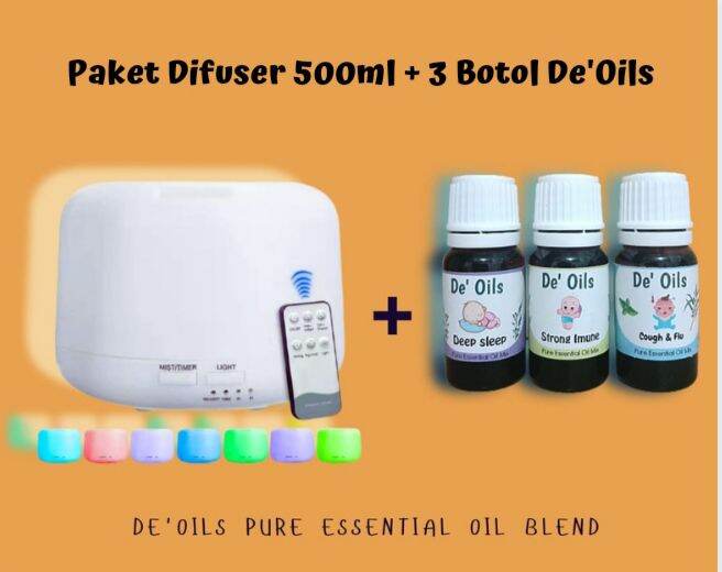 DeOils Paket Difuser 500ml + 3 botol Essential Oil murni Aromateraphy baby minyak Atsiri murni deoils Diffuser Remot 500ml Pure Essential Oil Blend cough & flu Deep Sleep Strong Imune Oil Difuser bayi