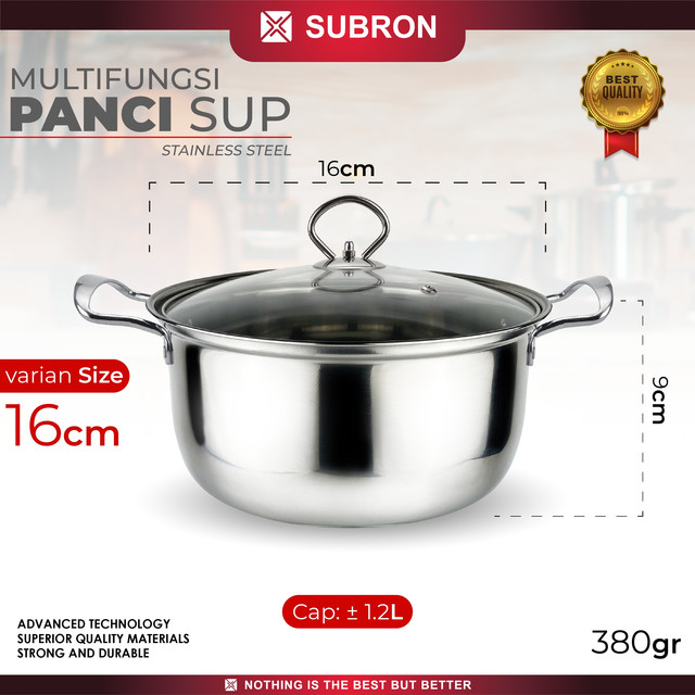 SUBRON Panci Sup Soup Pot 16cm 18cm Stainless Steel Tutup Kaca Pegangan Silver Gold Kecil