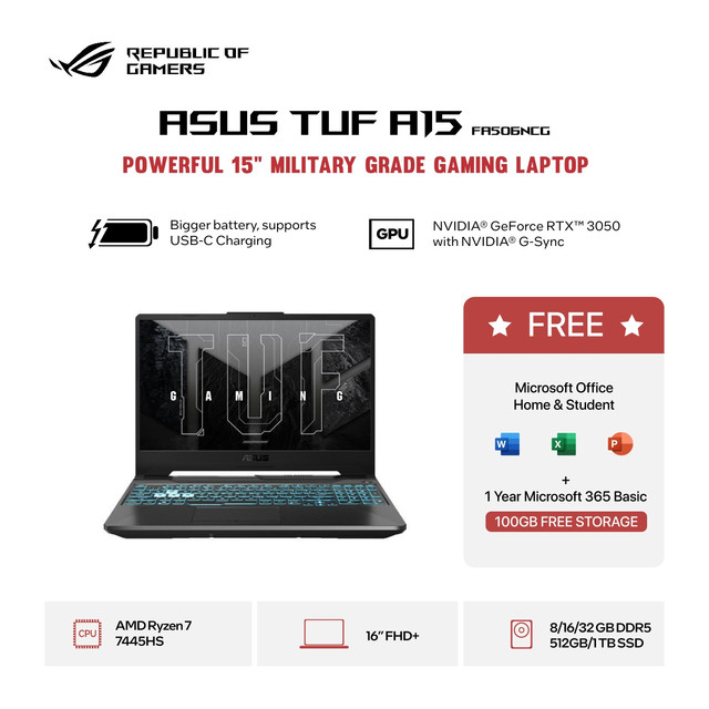 ASUS TUF Gaming A15 FA506NCG RYZEN 7 7445HS RTX3050 4GB/ 8GB 512GB W11+OHS+M365B 15.6FHD IPS BLK -R735B1T-HM