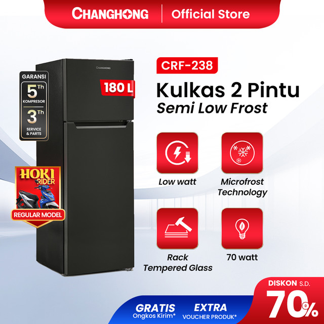 Changhong  Kulkas Lemari Es 2 Pintu Refrigerator Kapasitas 180 Liter Pendingin Makanan & Minuman - CRF238 Black gap 45