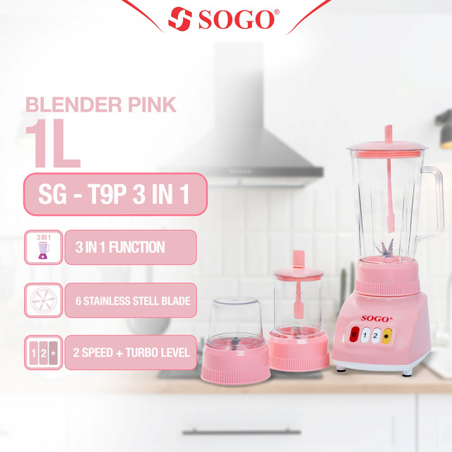 SOGO Blender Plastik Anti Pecah 1 Liter, Pisau Stainless Steel 6 & 2 Warna Pink Mesin Penggiling