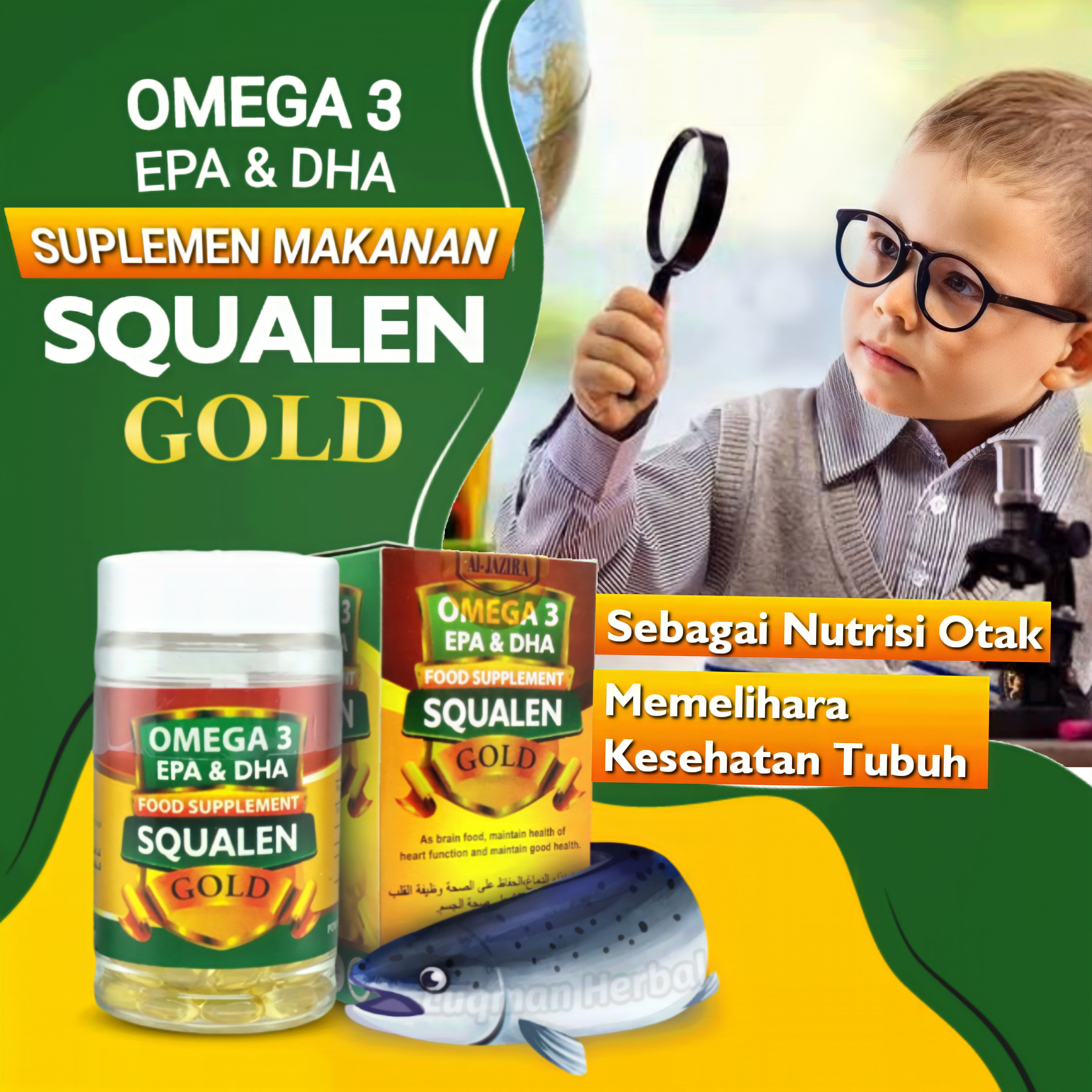 Omega 3 EPA & DHA Squalen Gold Minyak Ikan plus Fish Oil Vitamin Otak Anak - 70 softgel